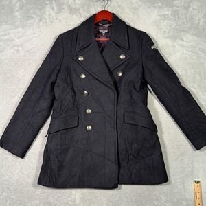 Polo Jeans Co Ralph Lauren Coat Womens M Black Wool Pea Coat Nautical *FLAWS